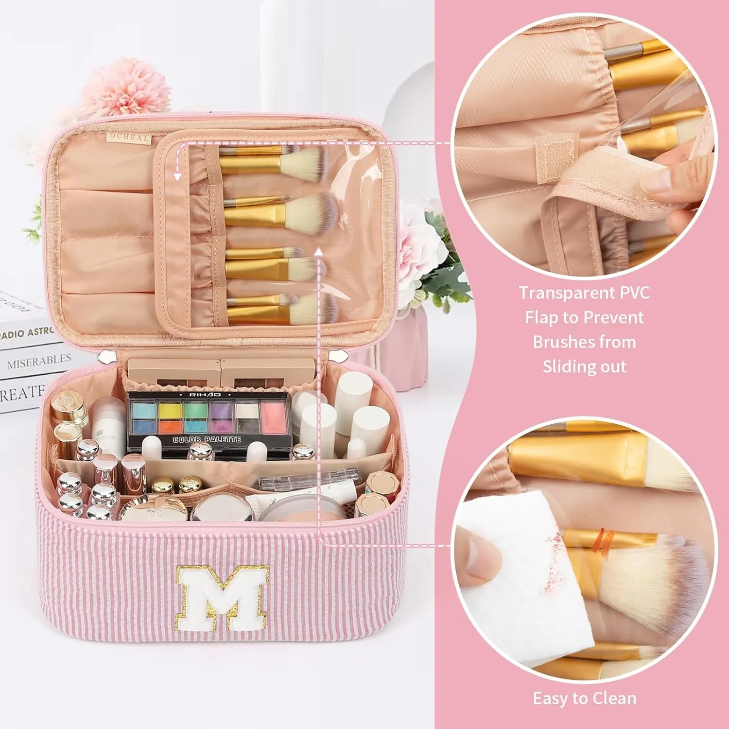 OCHEAL Personalized Makeup Bag for Women Monogram Travel Cosmetic Bag with Brush Holder and Divider, Pink Makeup Organizer Pouch Gift for Her Girls Bridesmaid, Sister, Wife, Friends Initial M