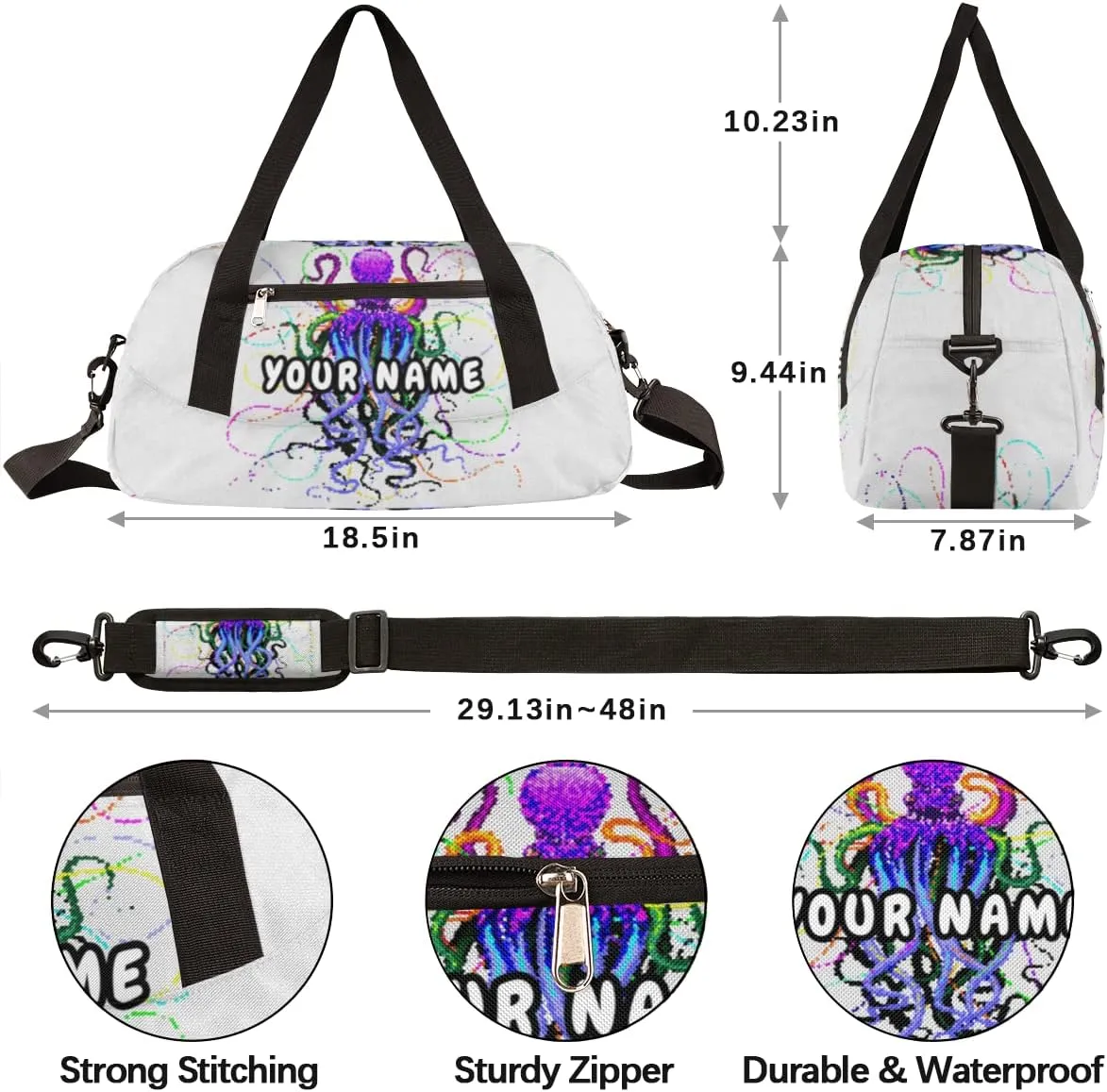 Octopus Personalized Kids Duffel Bag for Girls Boys, Octopus Debris Custom Name Dance Bag Overnight Small Duffel Bag Carry On Weekend Sports Travel Bag for School Practice Gymnastics Ballet