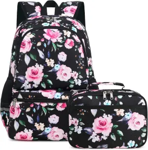 Octsky Backpack for Girls Kids Backpack Elementary Bookbags Teens Middle School Backpack with Lunch Box Water-repellent Lightweight Floral Black