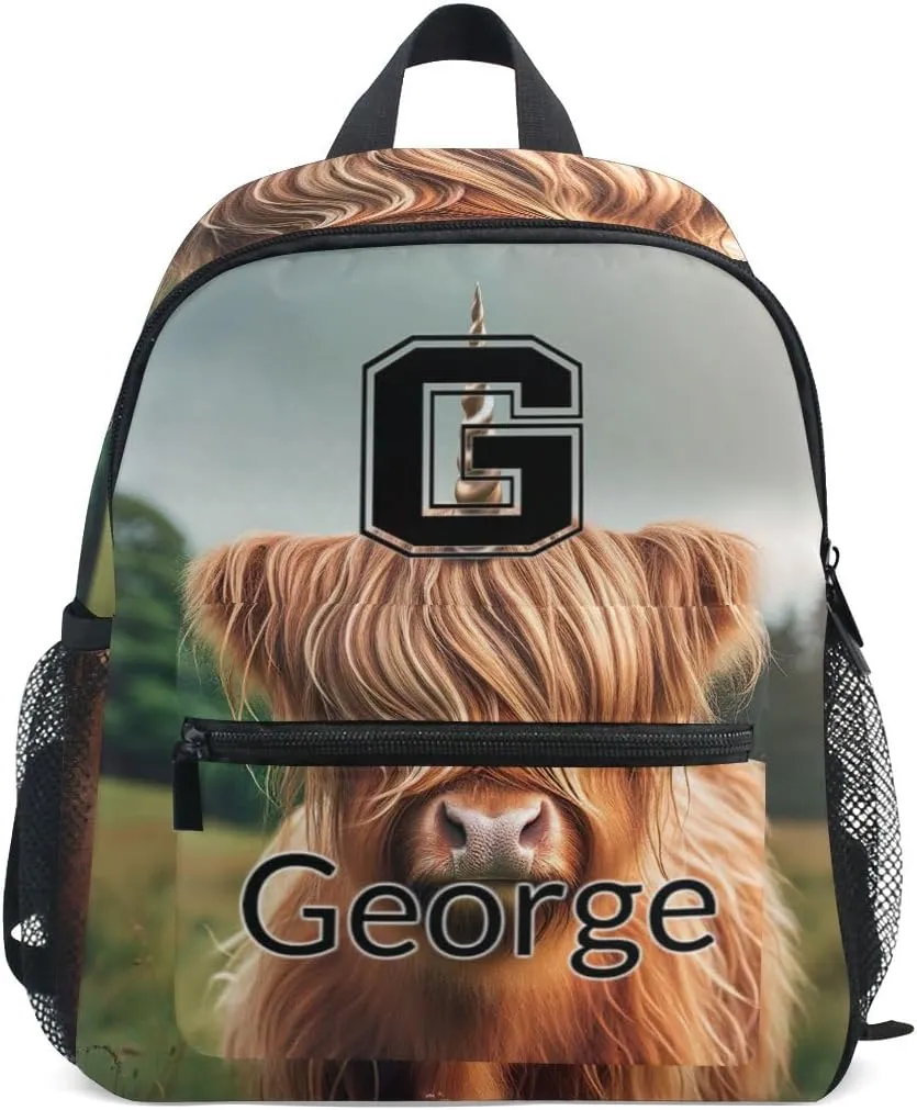 ODAWA Custom Initial and Name on Kids Backpack for Preschool Cute Highland Cattle with Horn Kids Travel Bag
