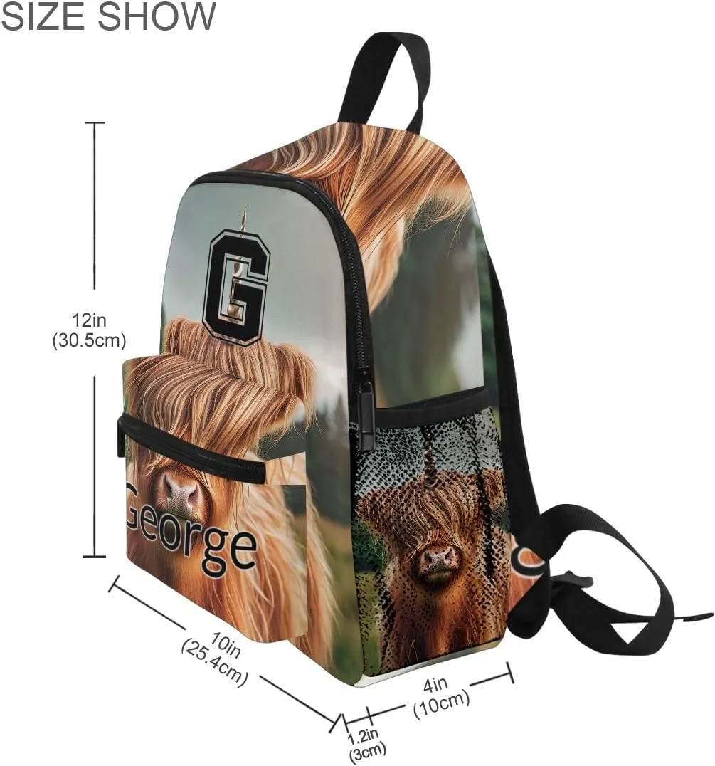 ODAWA Custom Initial and Name on Kids Backpack for Preschool Cute Highland Cattle with Horn Kids Travel Bag