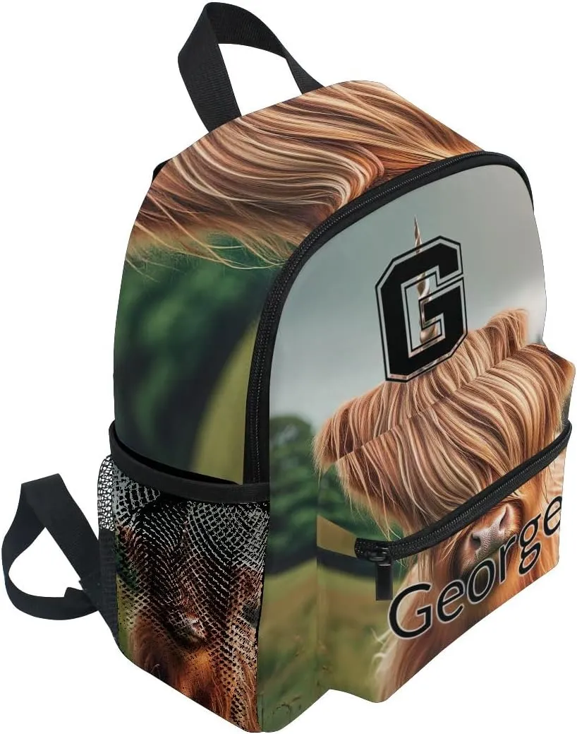 ODAWA Custom Initial and Name on Kids Backpack for Preschool Cute Highland Cattle with Horn Kids Travel Bag