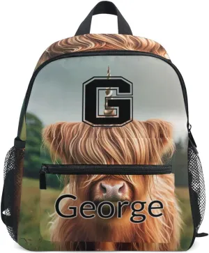 ODAWA Custom Initial and Name on Kids Backpack for Preschool Cute Highland Cattle with Horn Kids Travel Bag