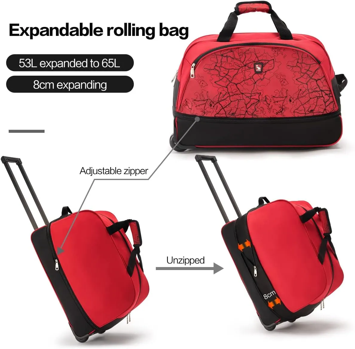 OIWAS Small Rolling Duffle Bag with Wheels Travel 22 inch Carry On Luggage Tote Unisex-Adult Short Term Trips Expandable 50L to 60L