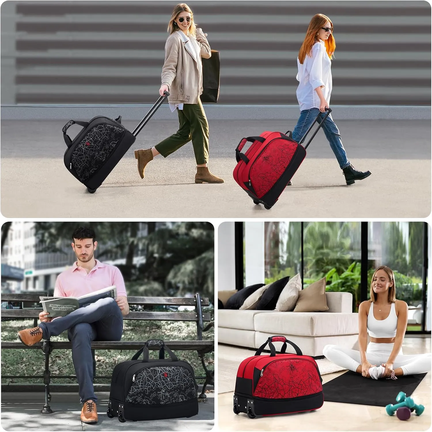 OIWAS Small Rolling Duffle Bag with Wheels Travel 22 inch Carry On Luggage Tote Unisex-Adult Short Term Trips Expandable 50L to 60L