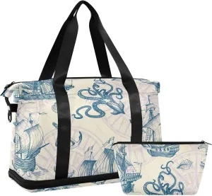 Old Vintage Sailing Ships, Anchor, Sea Octopus Monster Ocean Map Gym Duffel Bag, Polyester Travel Weekender Luggage Handbag with Waterproof Pocket for Wet Items, Unisex Foldable Tote for Sports