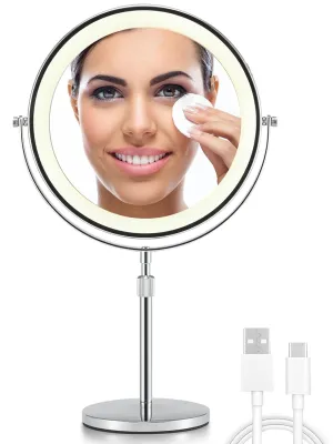 OMIRO 8.5 Inches Lighted Mirror with 3X/10X Magnifications, Double Sided Swivel Vanity Makeup Mirror with Height-Adjustable Stand (Silver)