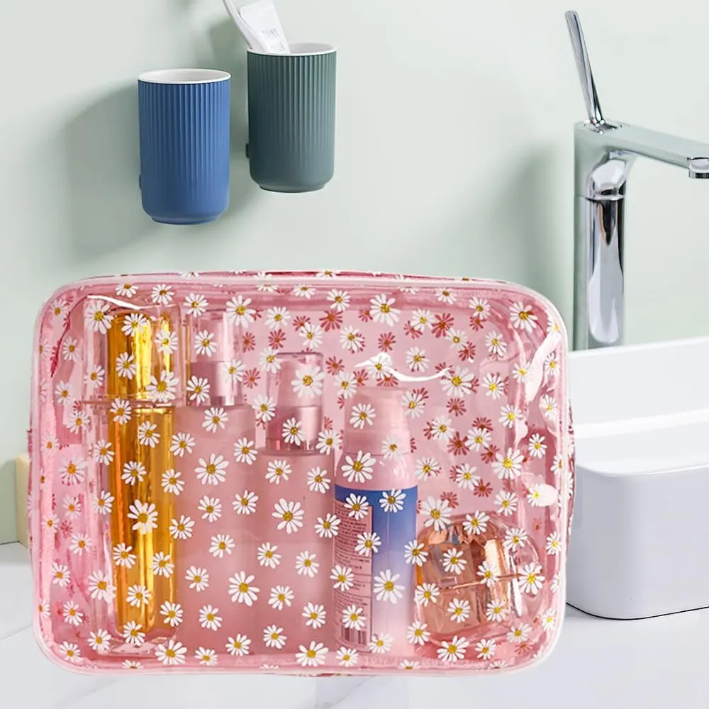 ONEART 3pcs Clear Makeup Bags,Transparent Women Cosmetic Bag with Zipper,Daisy Beauty Case,Make Up Organizer Storage,Bath Toiletry Wash Bag