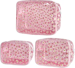 ONEART 3pcs Clear Makeup Bags,Transparent Women Cosmetic Bag with Zipper,Daisy Beauty Case,Make Up Organizer Storage,Bath Toiletry Wash Bag
