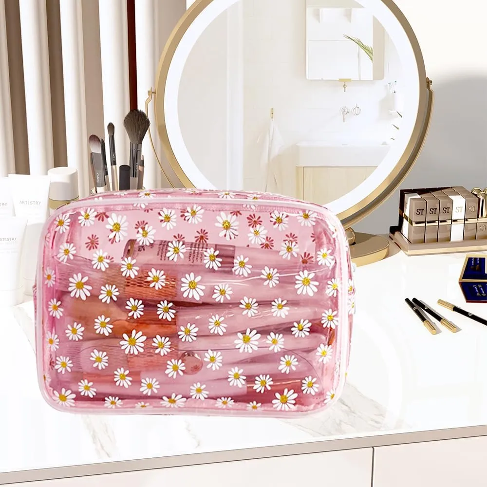 ONEART 3pcs Clear Makeup Bags,Transparent Women Cosmetic Bag with Zipper,Daisy Beauty Case,Make Up Organizer Storage,Bath Toiletry Wash Bag