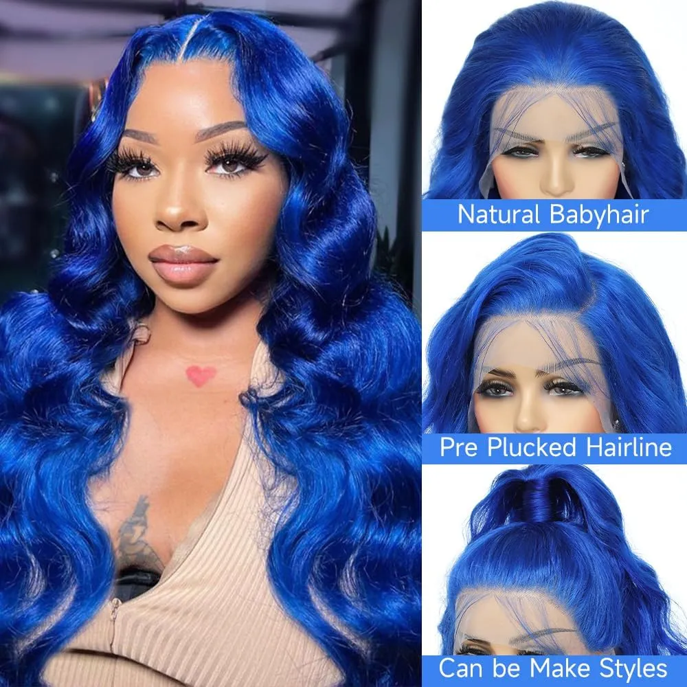 Otinid 30 Inch Blue Wig Human Hair 200 Density 13x4 HD Body Wave Lace Front Wigs Human Hair Pre Plucked Blue Human Hair Wig Color Lace Frontal Wigs For Woman