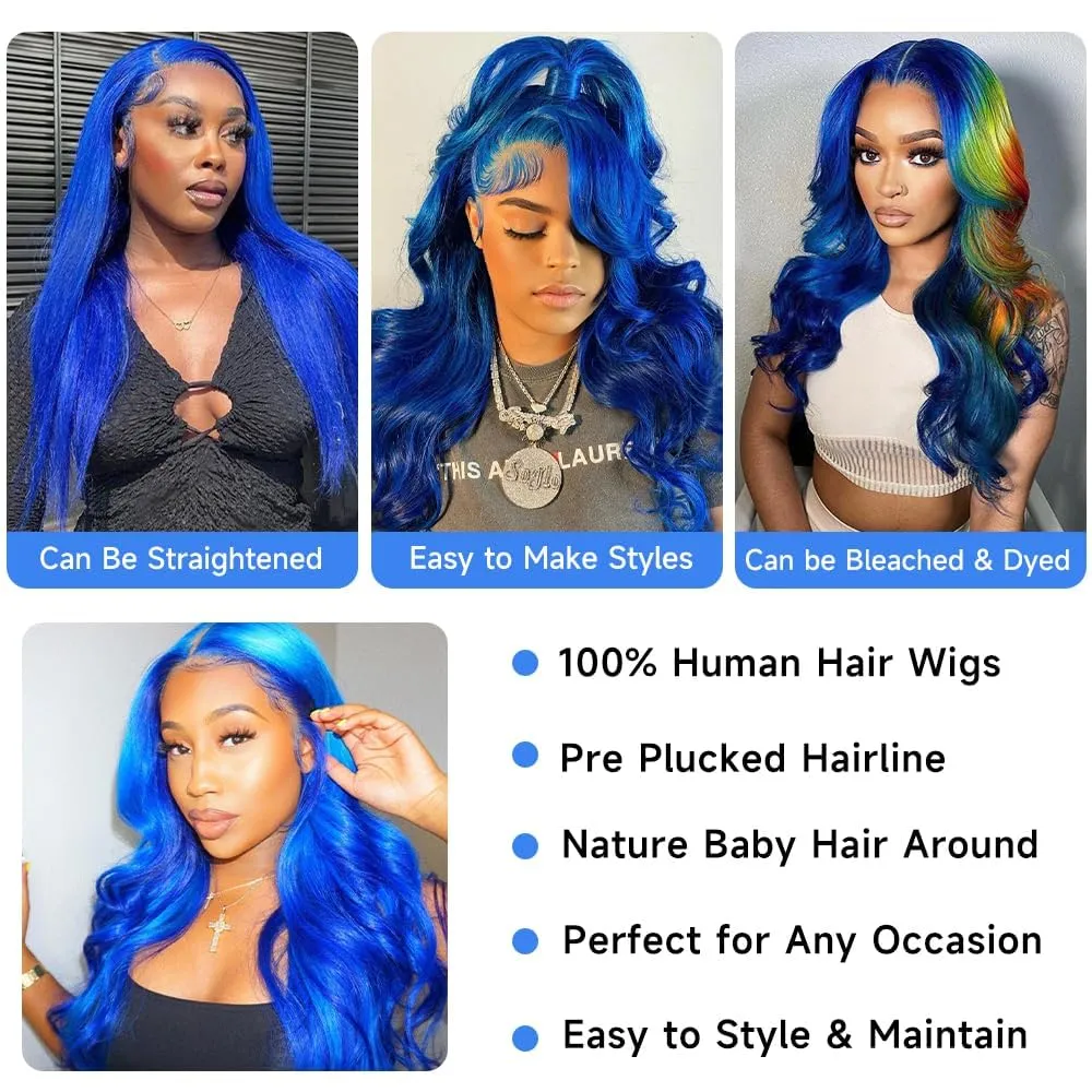 Otinid 30 Inch Blue Wig Human Hair 200 Density 13x4 HD Body Wave Lace Front Wigs Human Hair Pre Plucked Blue Human Hair Wig Color Lace Frontal Wigs For Woman