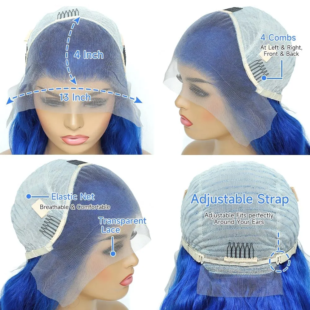 Otinid 30 Inch Blue Wig Human Hair 200 Density 13x4 HD Body Wave Lace Front Wigs Human Hair Pre Plucked Blue Human Hair Wig Color Lace Frontal Wigs For Woman