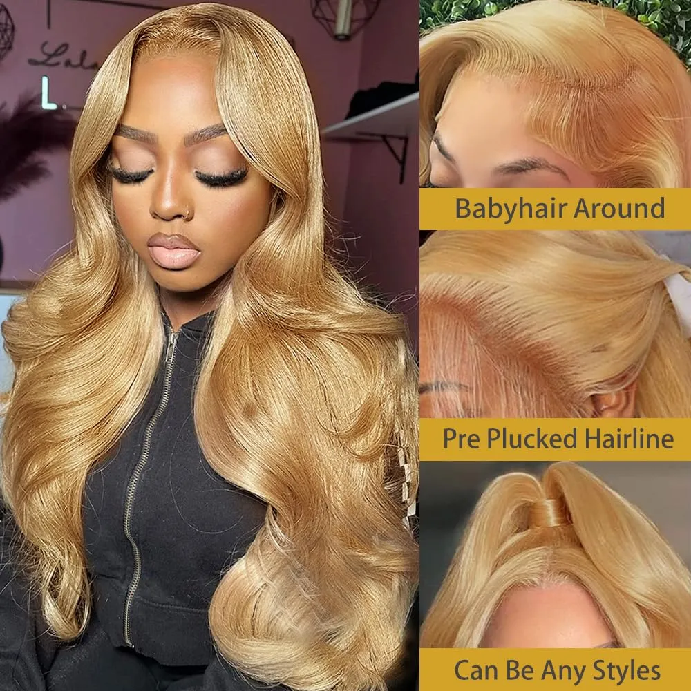 Otinid 30 Inch Honey Blonde Lace Front Wig Human Hair 13x4 Color Wigs Human Hair 27# Honey Blonde Body Wave Lace Front Wig Human Hair HD Lace Frontal Wigs 200 Density