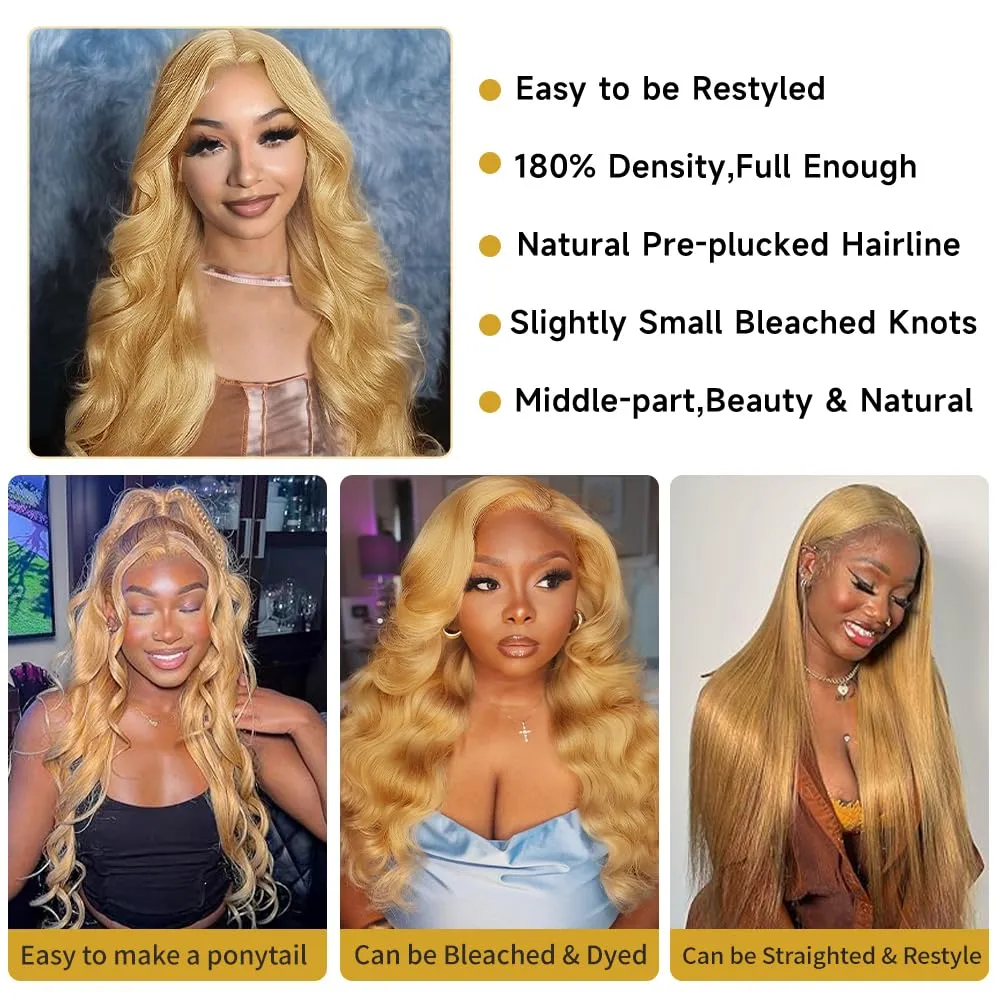 Otinid 30 Inch Honey Blonde Lace Front Wig Human Hair 13x4 Color Wigs Human Hair 27# Honey Blonde Body Wave Lace Front Wig Human Hair HD Lace Frontal Wigs 200 Density