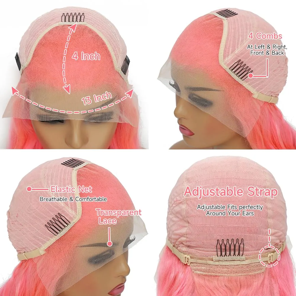 Otinid 30 Inch Pink Lace Front Wig Human Hair 13x4 HD Lace Front Wigs Human Hair Pre Plucked 200 Density Body Wave Lace Frontal Wig Human Hair Colored