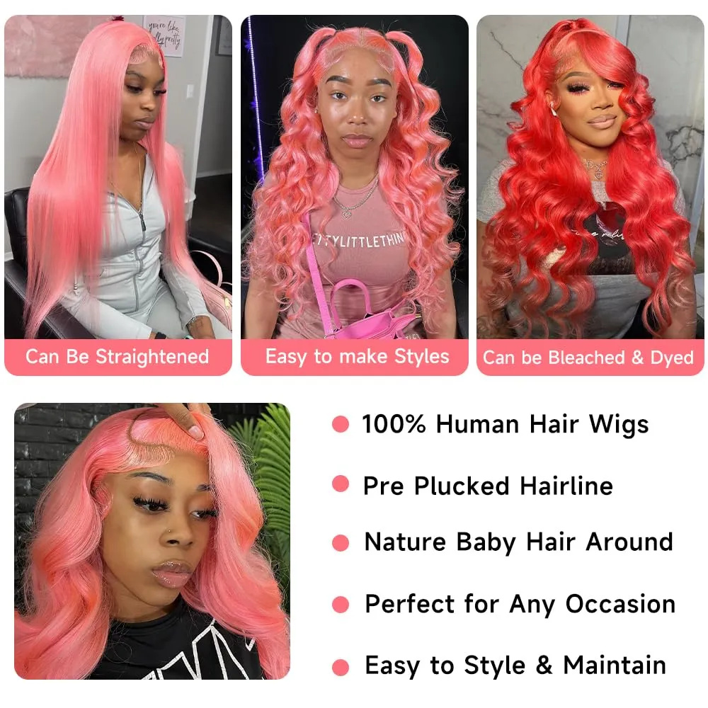Otinid 30 Inch Pink Lace Front Wig Human Hair 13x4 HD Lace Front Wigs Human Hair Pre Plucked 200 Density Body Wave Lace Frontal Wig Human Hair Colored