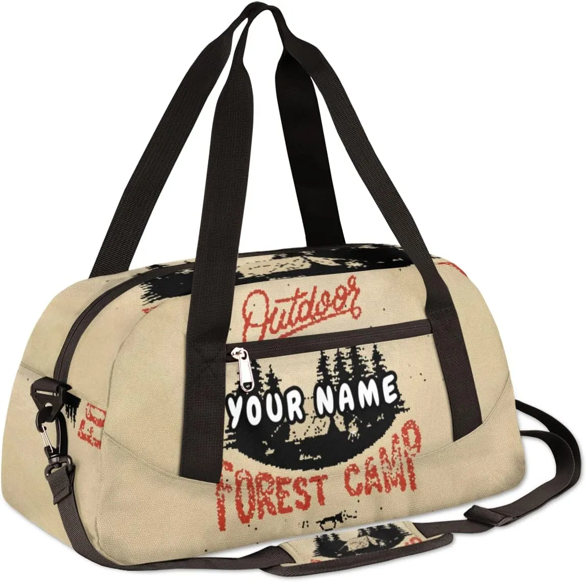 Outdoor Forest Camping Theme Personalized Kids Duffel Bag for Girls Boys, Camping Debris Custom Name Overnight Small Duffel Bag Carry On Weekend Sports Travel Bag for School Practice Gymnastics Ballet