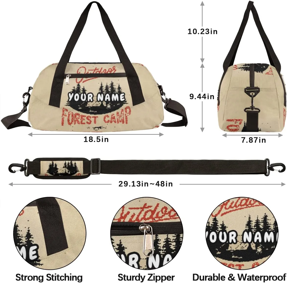 Outdoor Forest Camping Theme Personalized Kids Duffel Bag for Girls Boys, Camping Debris Custom Name Overnight Small Duffel Bag Carry On Weekend Sports Travel Bag for School Practice Gymnastics Ballet