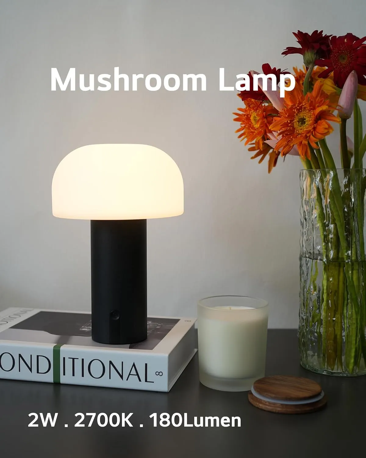 Outdoor Mushroom Table Lamp Rechargeable, Cordless Lamps for Patio Waterproof, Portable Battery Operated Lamp with USB Charging, Touch Dimming Night Light for Home/Porch/Restaurant (Black)