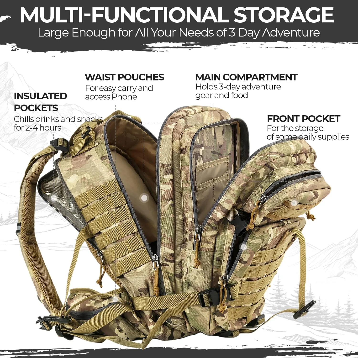 Outdoor Tactical Backpack Military for Men - Army Style MOLLE Survival Rucksack - 3 Day Assault Pack for Travel Hiking Hunting Camping Gym Camouflage Tan