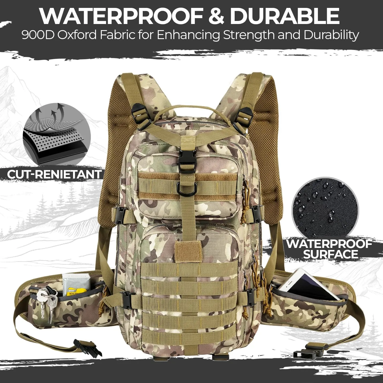 Outdoor Tactical Backpack Military for Men - Army Style MOLLE Survival Rucksack - 3 Day Assault Pack for Travel Hiking Hunting Camping Gym Camouflage Tan