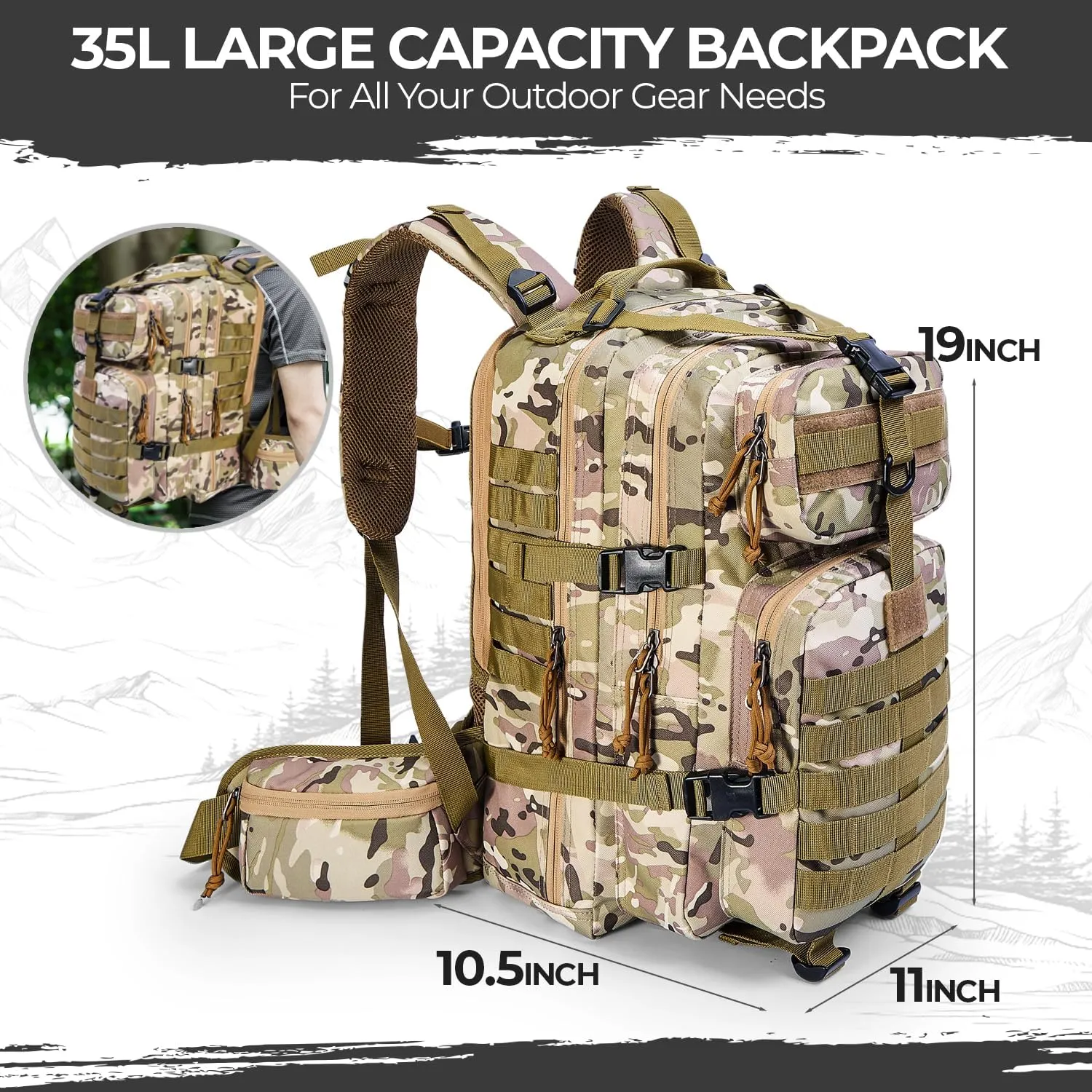 Outdoor Tactical Backpack Military for Men - Army Style MOLLE Survival Rucksack - 3 Day Assault Pack for Travel Hiking Hunting Camping Gym Camouflage Tan