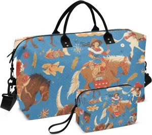 Overnight Travel Duffel Bag Weekend Bag Sports Gym Tote Bag with Adjustable Strap for Trekking Multifunctional Blue Brown Cowboy Cattle