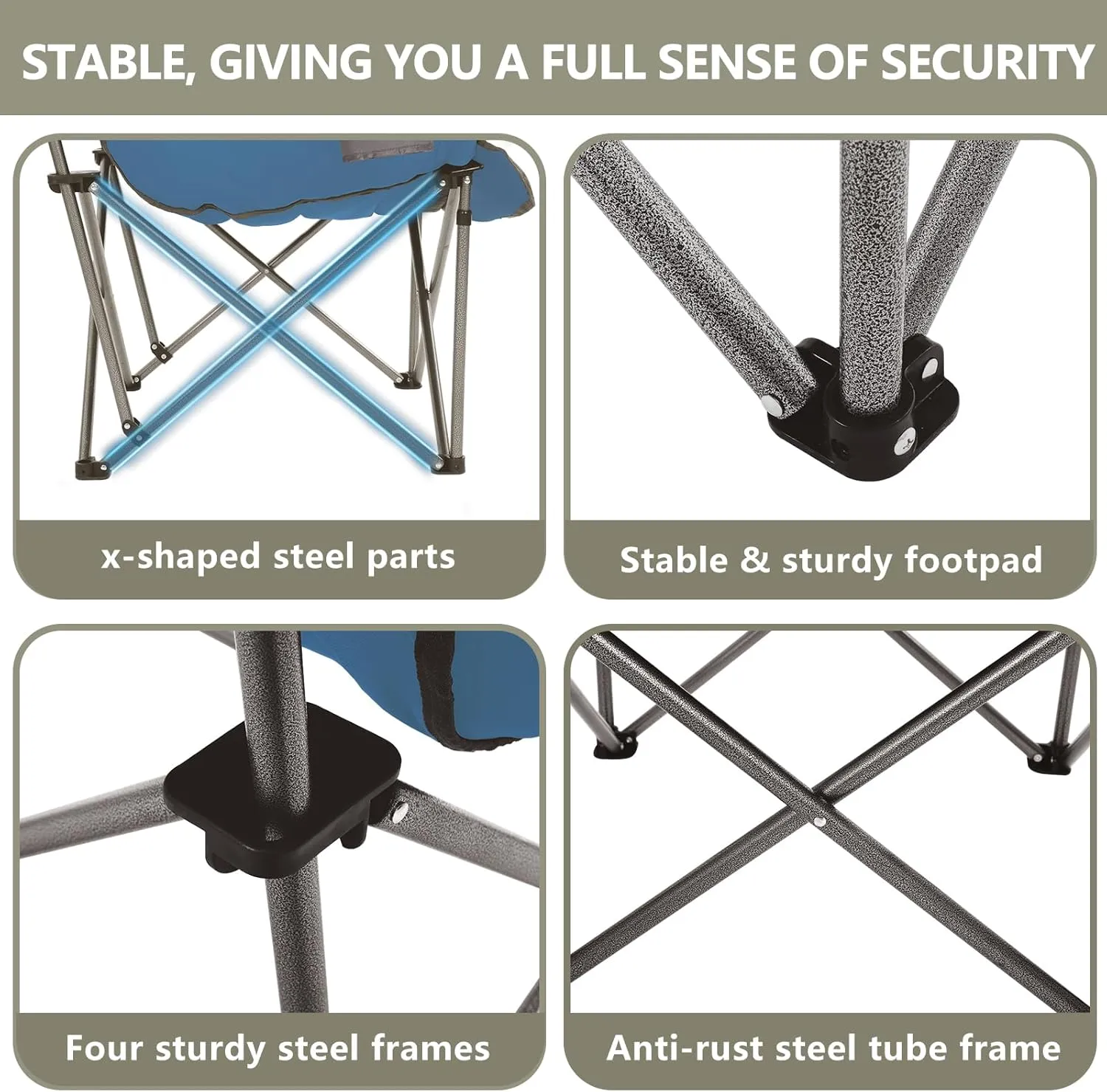 Oversized XL Padded Camping Chair Wide Heavy Duty Lawn Chairs Support 450 LBS Portable Folding Gaint Plus Camp Chair with Side Pocket Cup Holder for Outdoor Outside Sports Baseball-Blue