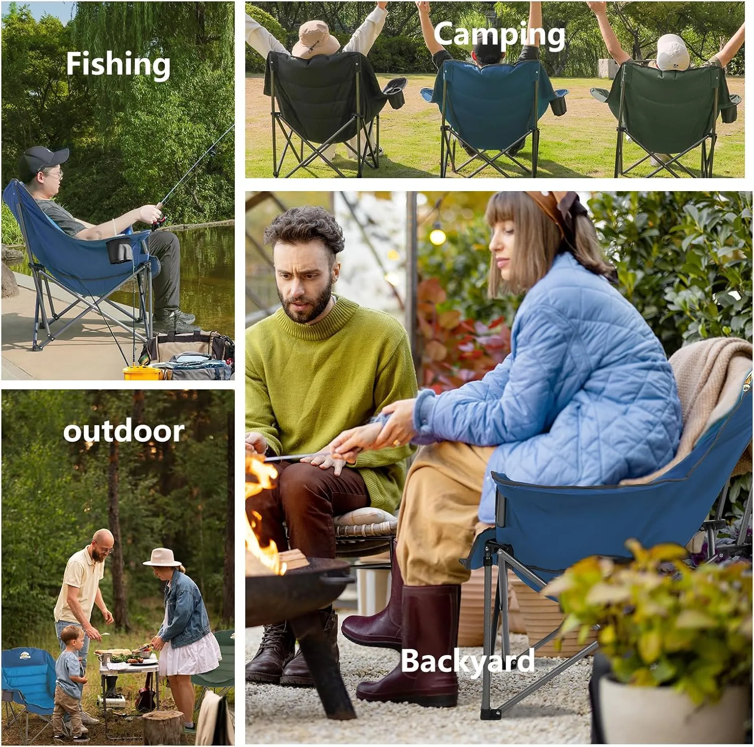 Oversized XL Padded Camping Chair Wide Heavy Duty Lawn Chairs Support 450 LBS Portable Folding Gaint Plus Camp Chair with Side Pocket Cup Holder for Outdoor Outside Sports Baseball-Blue