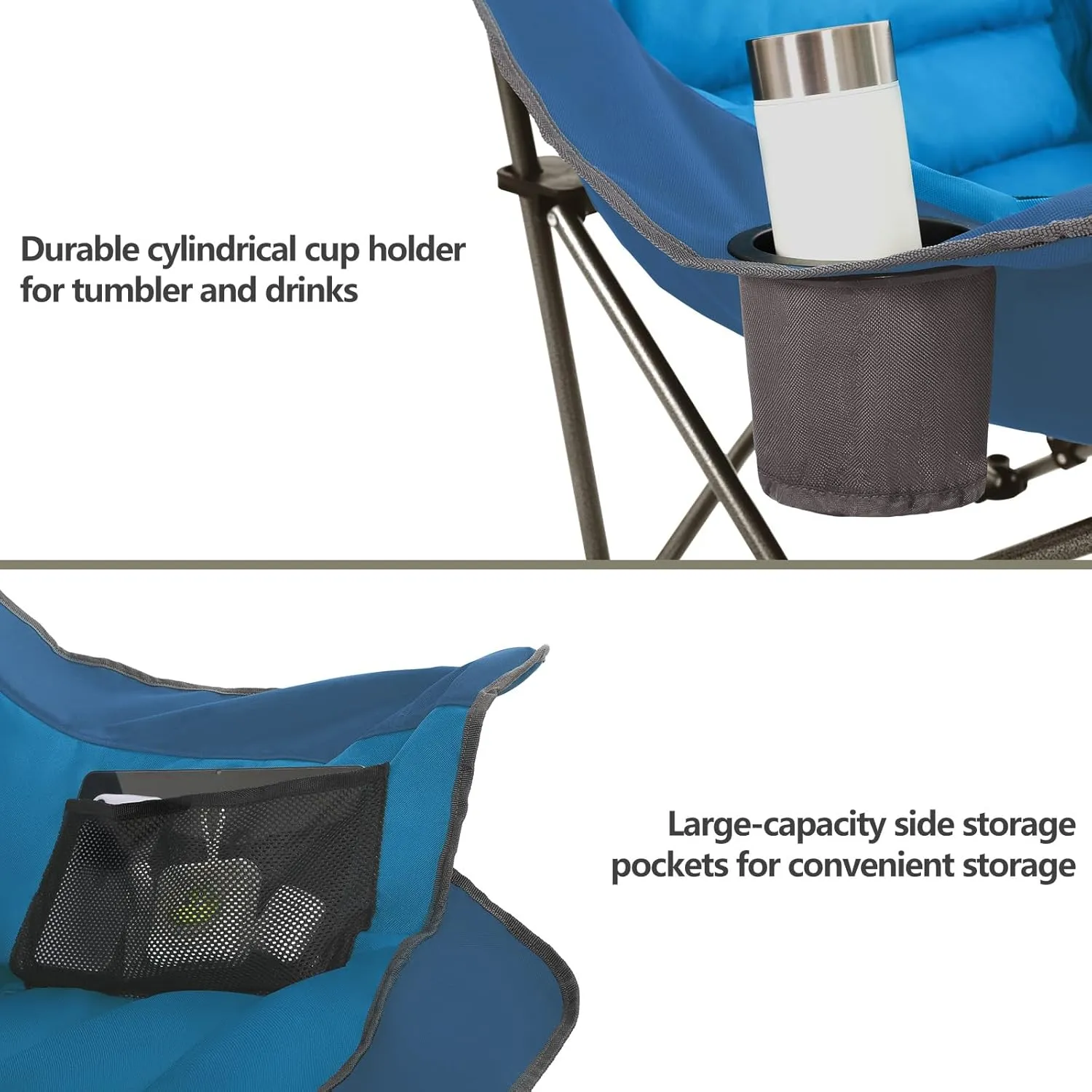 Oversized XL Padded Camping Chair Wide Heavy Duty Lawn Chairs Support 450 LBS Portable Folding Gaint Plus Camp Chair with Side Pocket Cup Holder for Outdoor Outside Sports Baseball-Blue