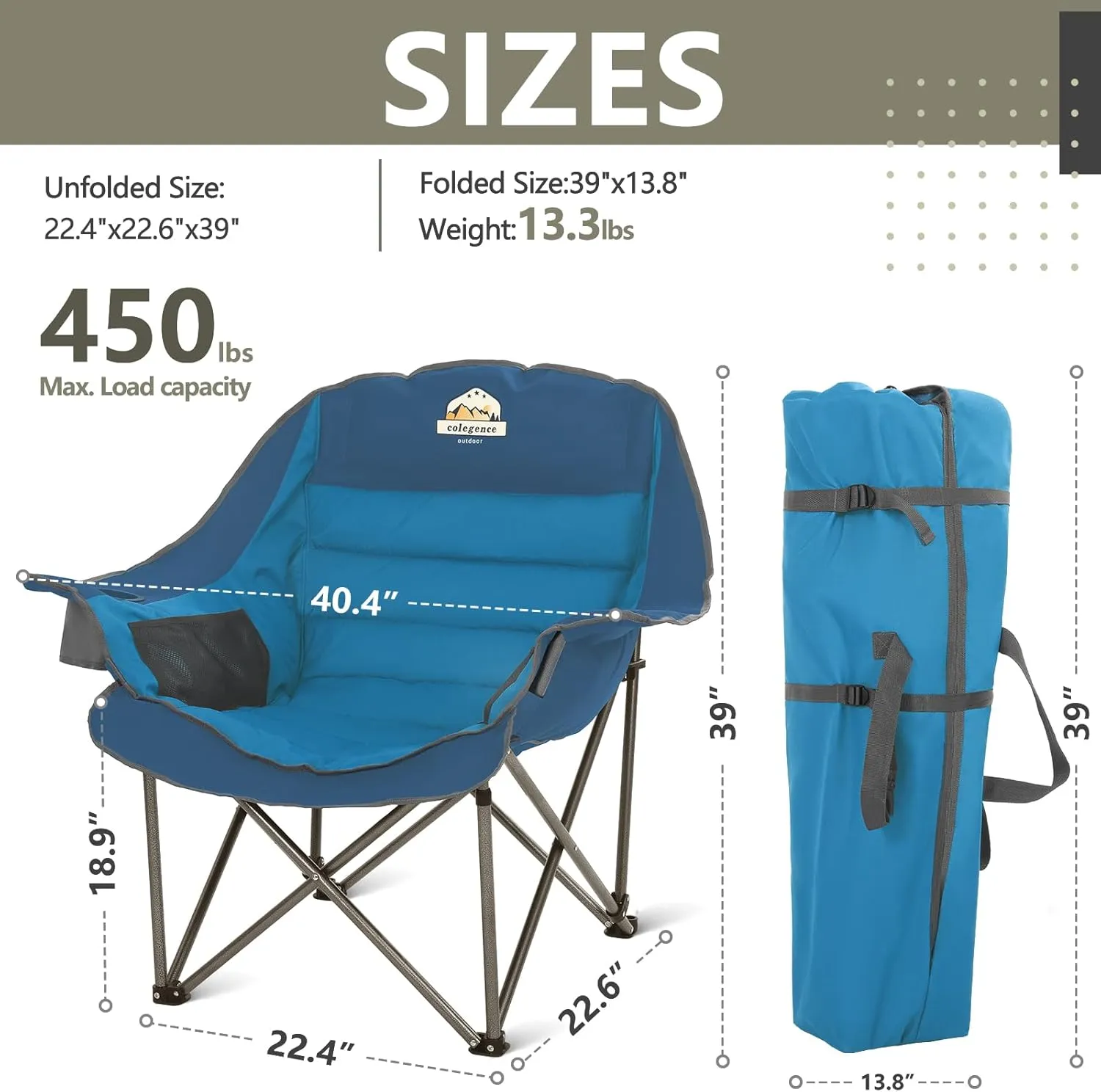 Oversized XL Padded Camping Chair Wide Heavy Duty Lawn Chairs Support 450 LBS Portable Folding Gaint Plus Camp Chair with Side Pocket Cup Holder for Outdoor Outside Sports Baseball-Blue