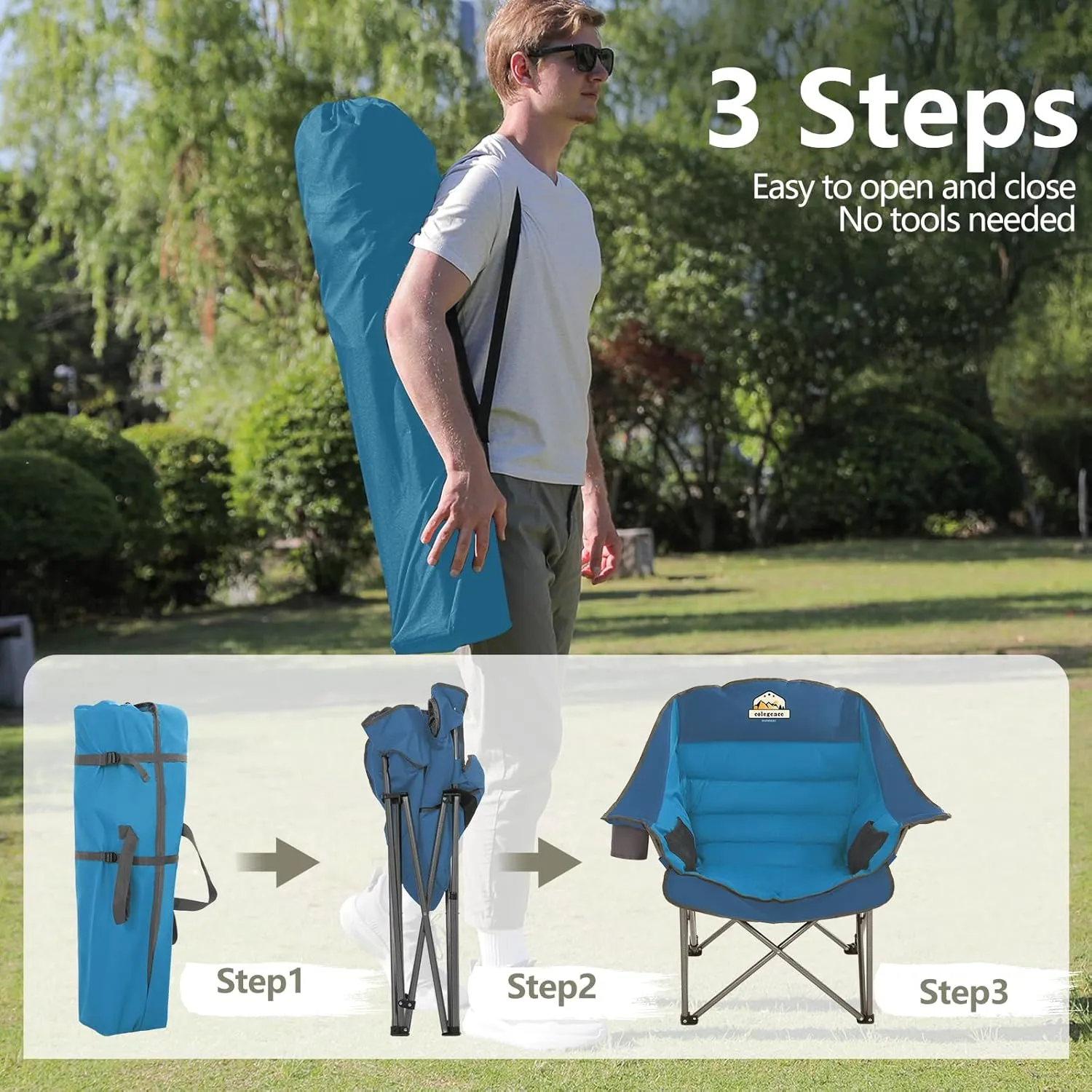 Oversized XL Padded Camping Chair Wide Heavy Duty Lawn Chairs Support 450 LBS Portable Folding Gaint Plus Camp Chair with Side Pocket Cup Holder for Outdoor Outside Sports Baseball-Blue