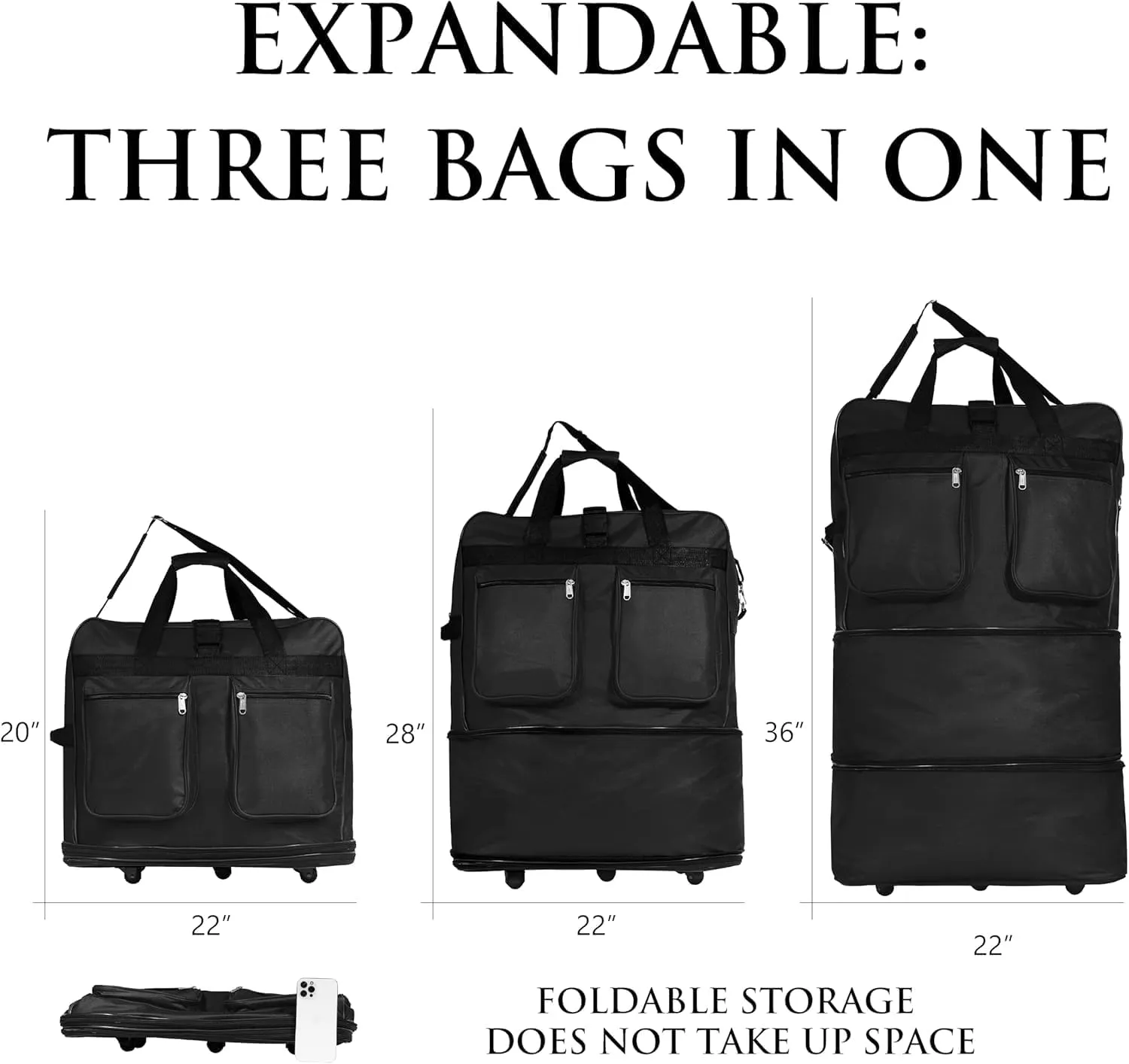 (Pack of 2) 36"" Duffle Bag Expandable Rolling Lightweight Wheeled Spinner Suitcase Luggage for Travel and Storage, Black, Wheelbag36