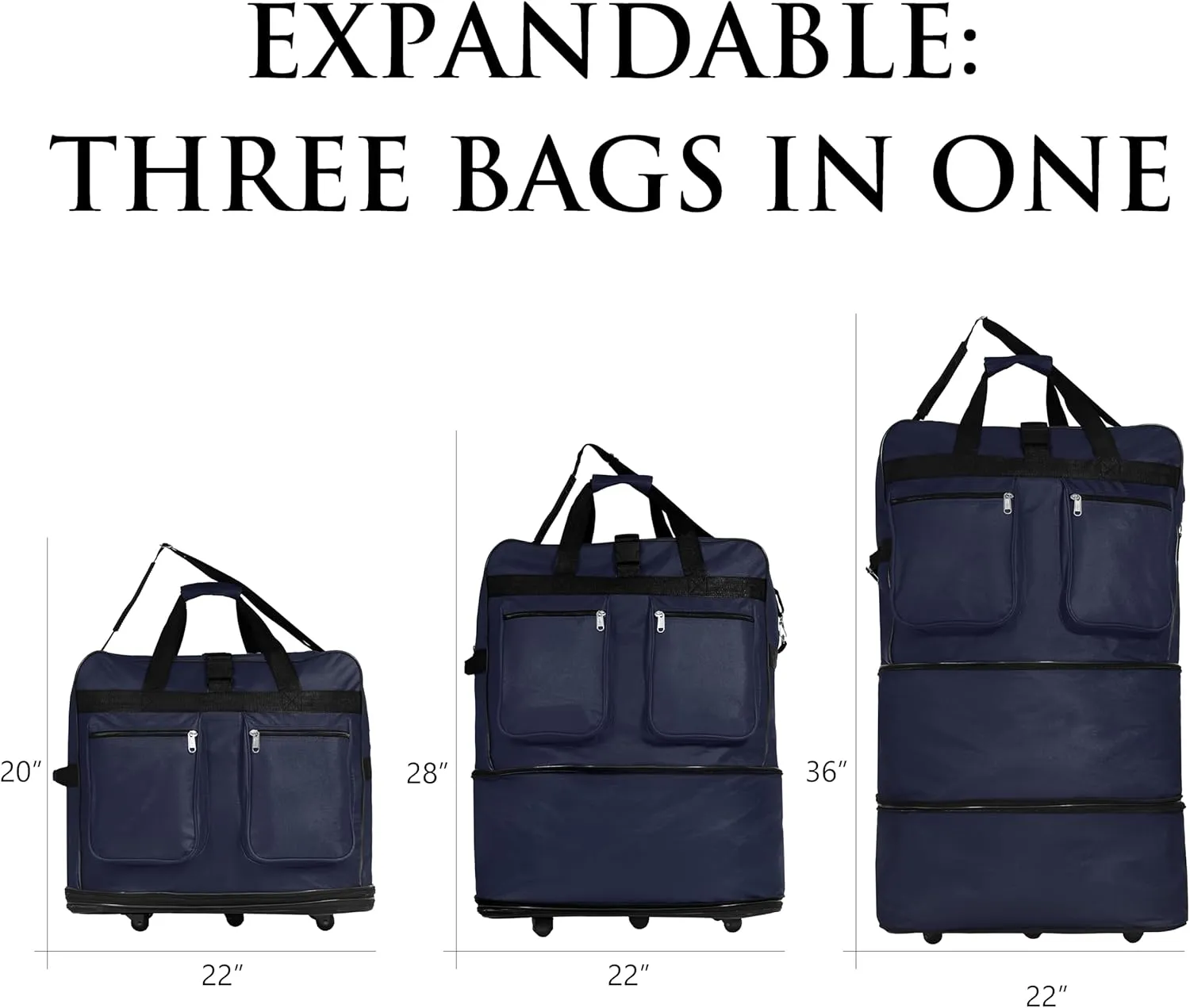 (Pack of 2) 36"" Duffle Bag Expandable Rolling Lightweight Wheeled Spinner Suitcase Luggage for Travel and Storage, Navy Blue, Wheelbag36