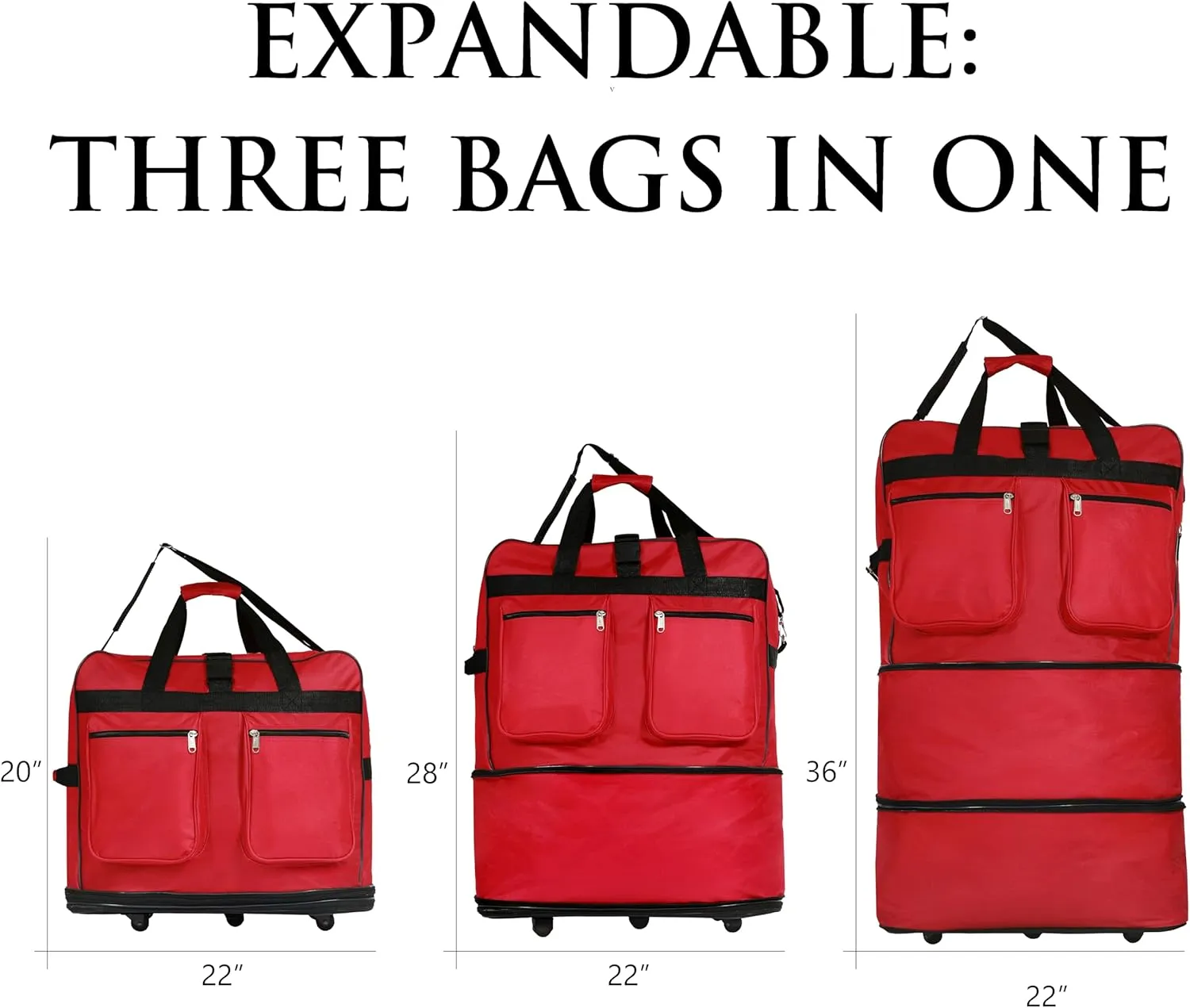 (Pack of 2) 36"" Duffle Bag Expandable Rolling Lightweight Wheeled Spinner Suitcase Luggage for Travel and Storage, Red, Wheelbag36