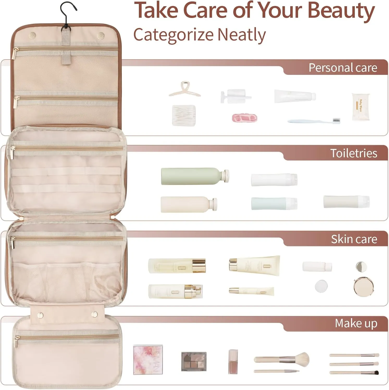 PACKISM Hanging Travel Bag for Toiletries - Quilted Plaid Waterproof Travel Makeup Organizer with Detachable Cosmetic Bag, 4 Smart Large Compartments for Full-Sized Toiletries, PU Leather Brown (M)