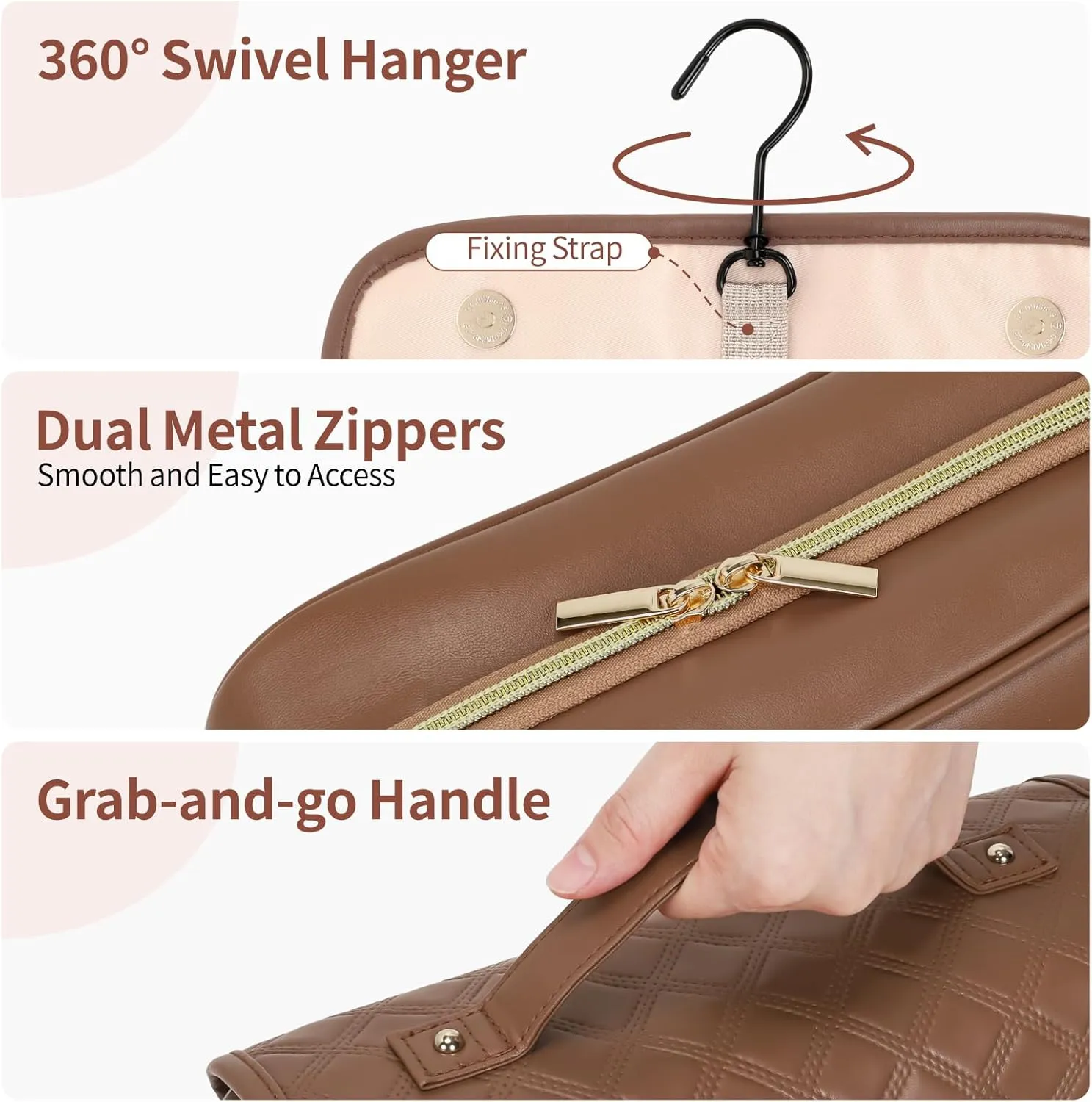 PACKISM Hanging Travel Bag for Toiletries - Quilted Plaid Waterproof Travel Makeup Organizer with Detachable Cosmetic Bag, 4 Smart Large Compartments for Full-Sized Toiletries, PU Leather Brown (M)