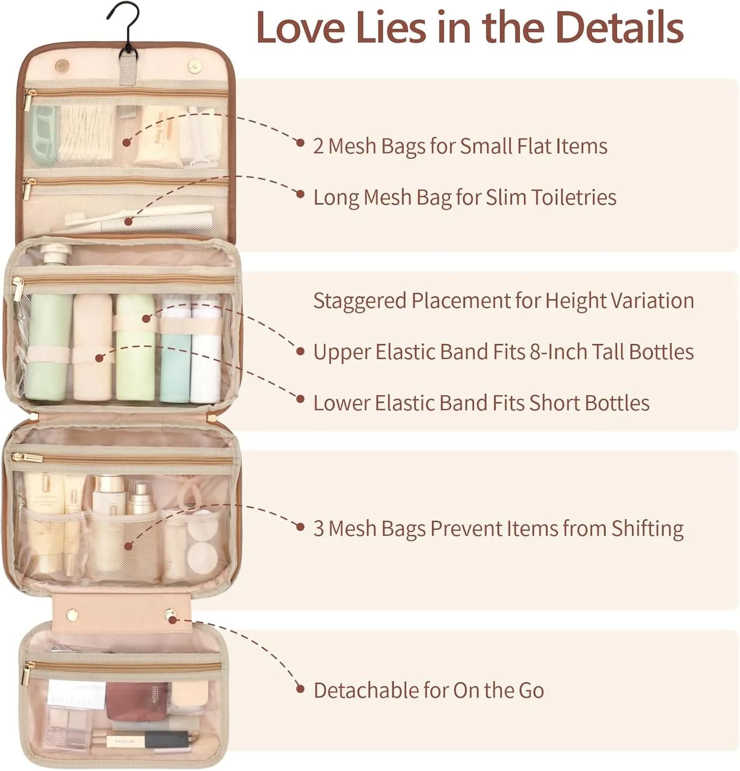 PACKISM Hanging Travel Bag for Toiletries - Quilted Plaid Waterproof Travel Makeup Organizer with Detachable Cosmetic Bag, 4 Smart Large Compartments for Full-Sized Toiletries, PU Leather Brown (M)