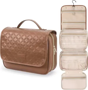 PACKISM Hanging Travel Bag for Toiletries - Quilted Plaid Waterproof Travel Makeup Organizer with Detachable Cosmetic Bag, 4 Smart Large Compartments for Full-Sized Toiletries, PU Leather Brown (M)