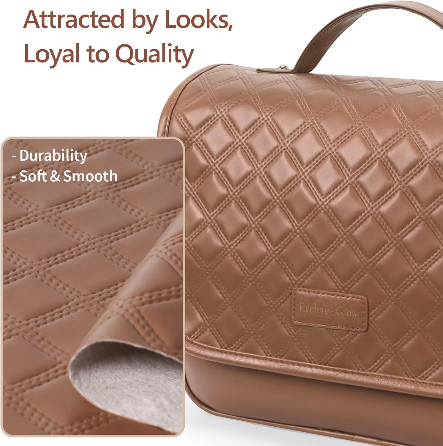 PACKISM Hanging Travel Bag for Toiletries - Quilted Plaid Waterproof Travel Makeup Organizer with Detachable Cosmetic Bag, 4 Smart Large Compartments for Full-Sized Toiletries, PU Leather Brown (M)