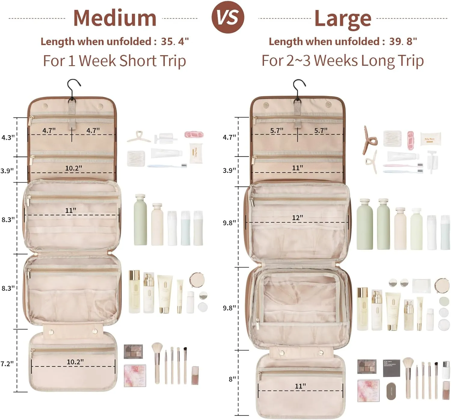 PACKISM Hanging Travel Bag for Toiletries - Quilted Plaid Waterproof Travel Makeup Organizer with Detachable Cosmetic Bag, 4 Smart Large Compartments for Full-Sized Toiletries, PU Leather Brown (M)