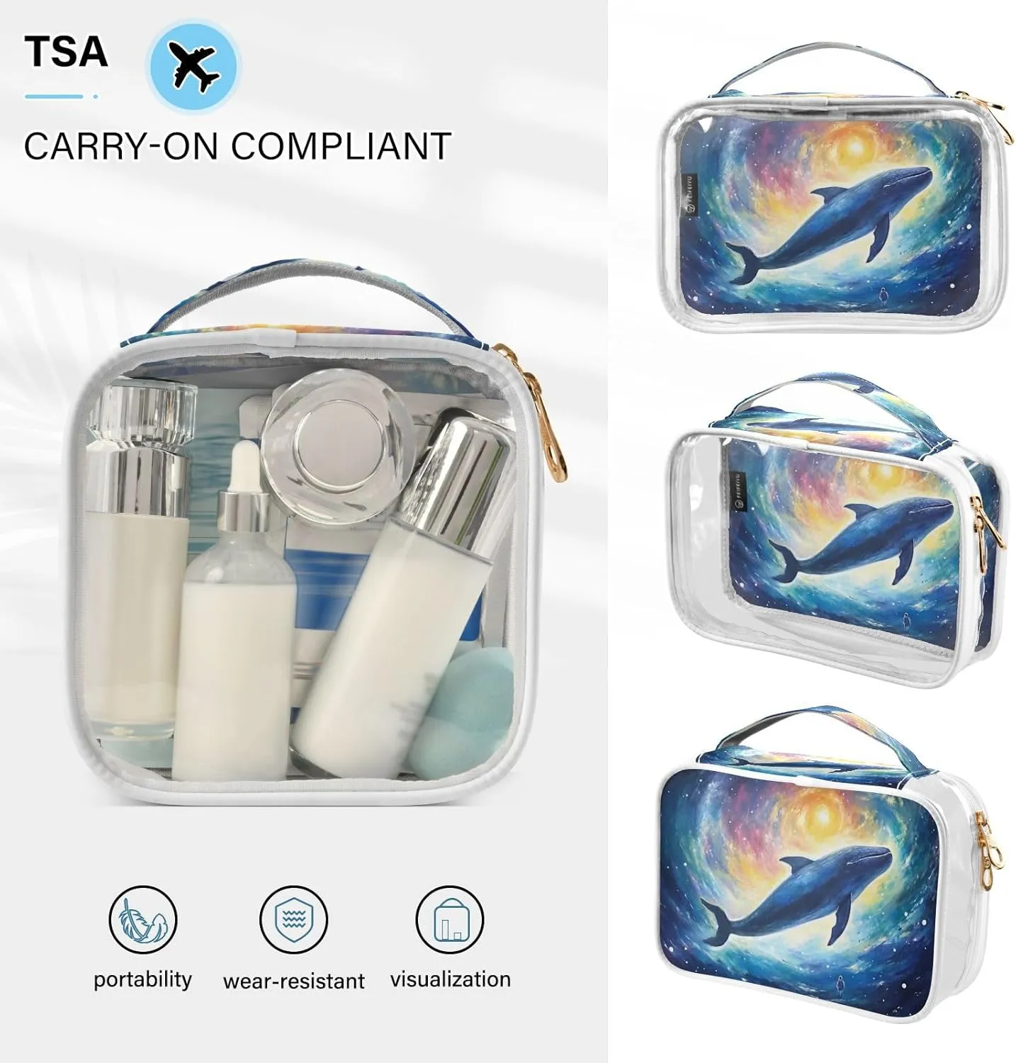 Painting of a Whale in Galaxy in Space Clear Toiletry Bag Set, Cosmetic Travel Bag Set, Travel Accessories Bags, 2 Pack