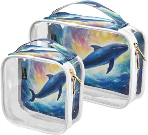 Painting of a Whale in Galaxy in Space Clear Toiletry Bag Set, Cosmetic Travel Bag Set, Travel Accessories Bags, 2 Pack