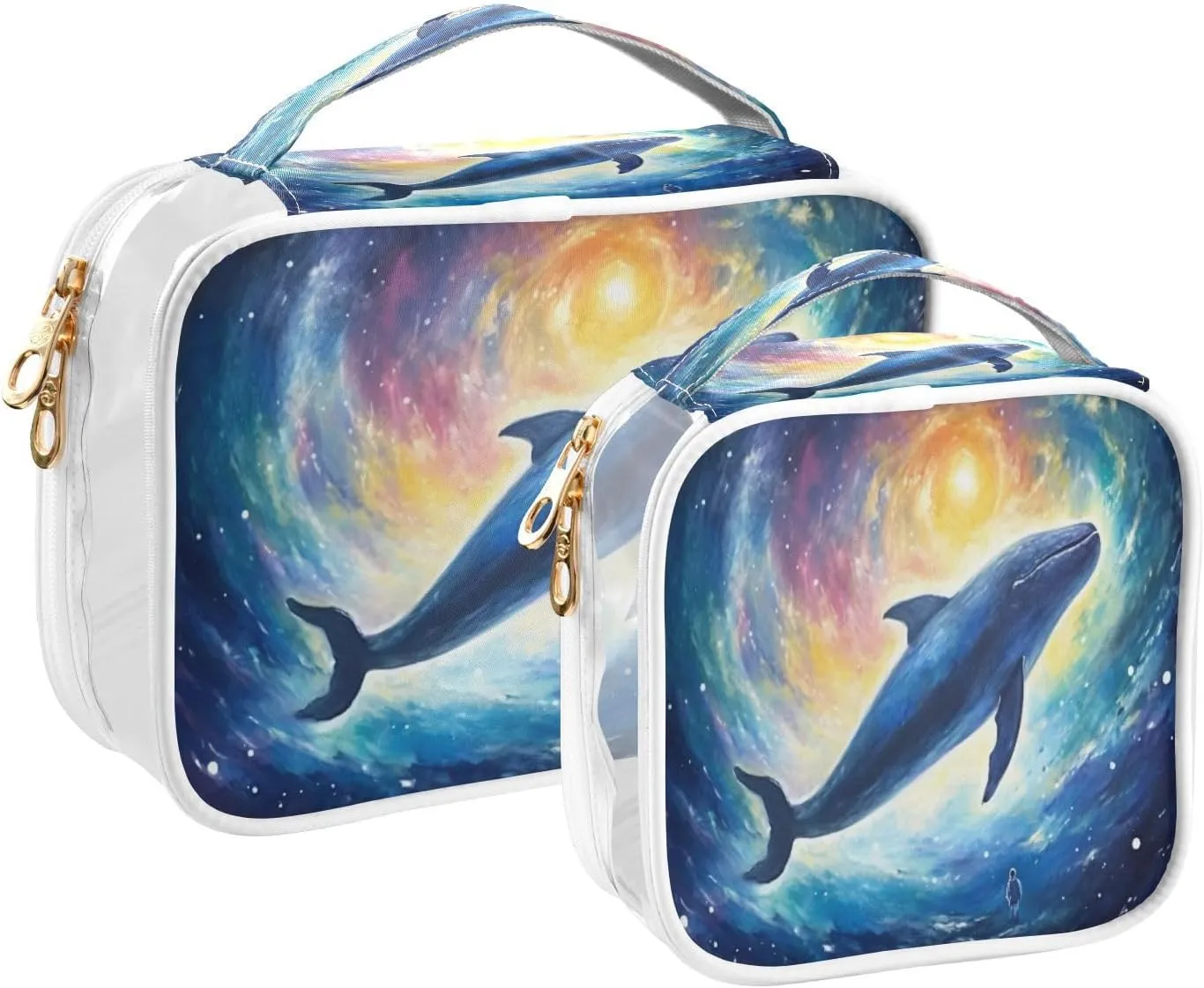 Painting of a Whale in Galaxy in Space Clear Toiletry Bag Set, Cosmetic Travel Bag Set, Travel Accessories Bags, 2 Pack