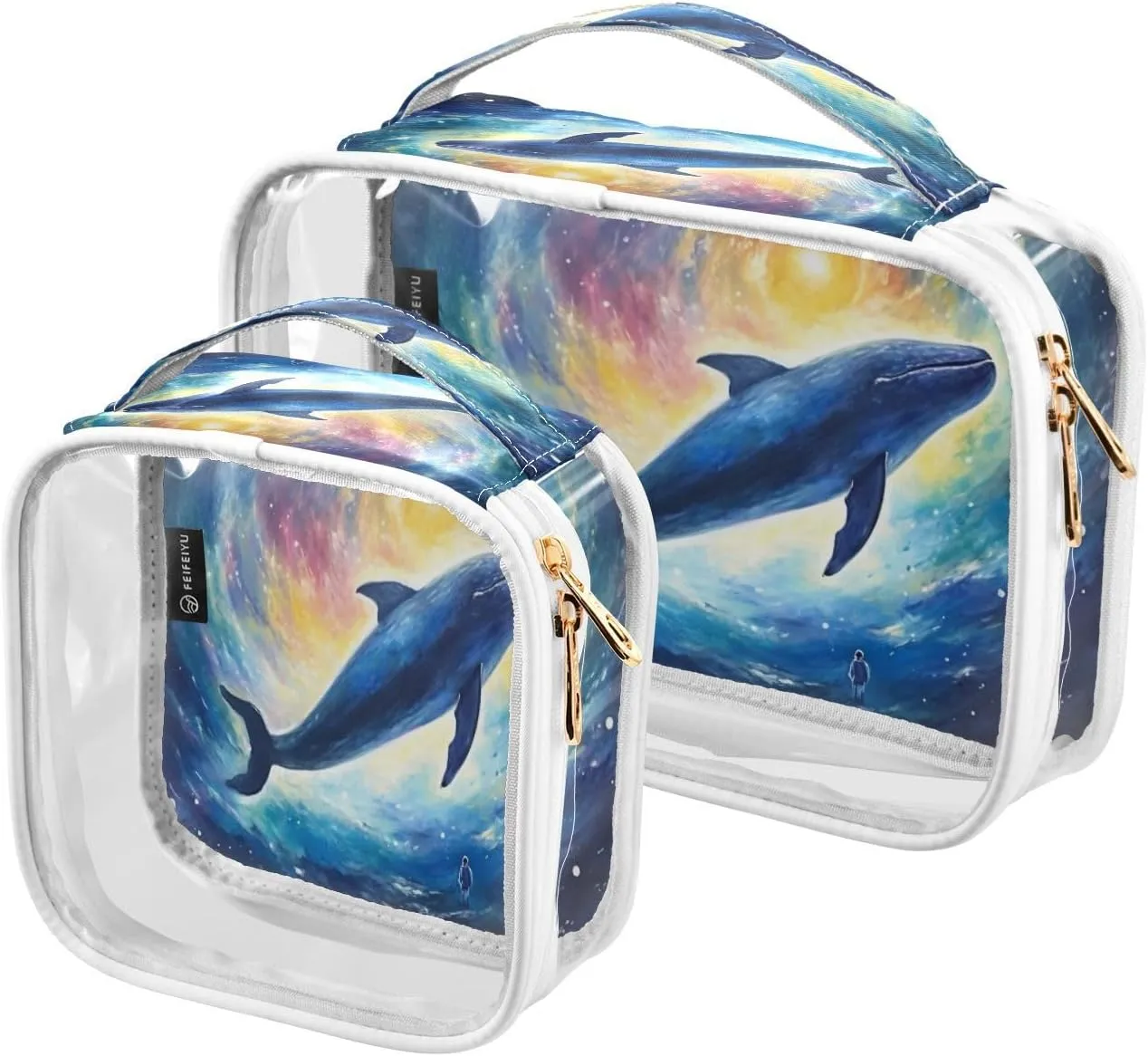 Painting of a Whale in Galaxy in Space Clear Toiletry Bag Set, Cosmetic Travel Bag Set, Travel Accessories Bags, 2 Pack