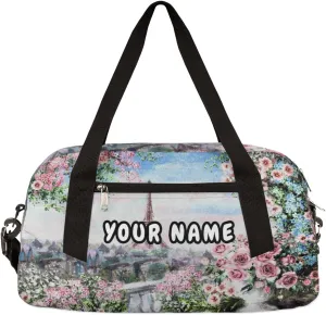 Paris Eiffel Tower Flower Personalized Kids Duffel Bag for Girls, Tower Debris Custom Name Dance Bag Overnight Small Duffel Bag Carry On Weekend Travel Bag for School Practice Gymnastics Ballet