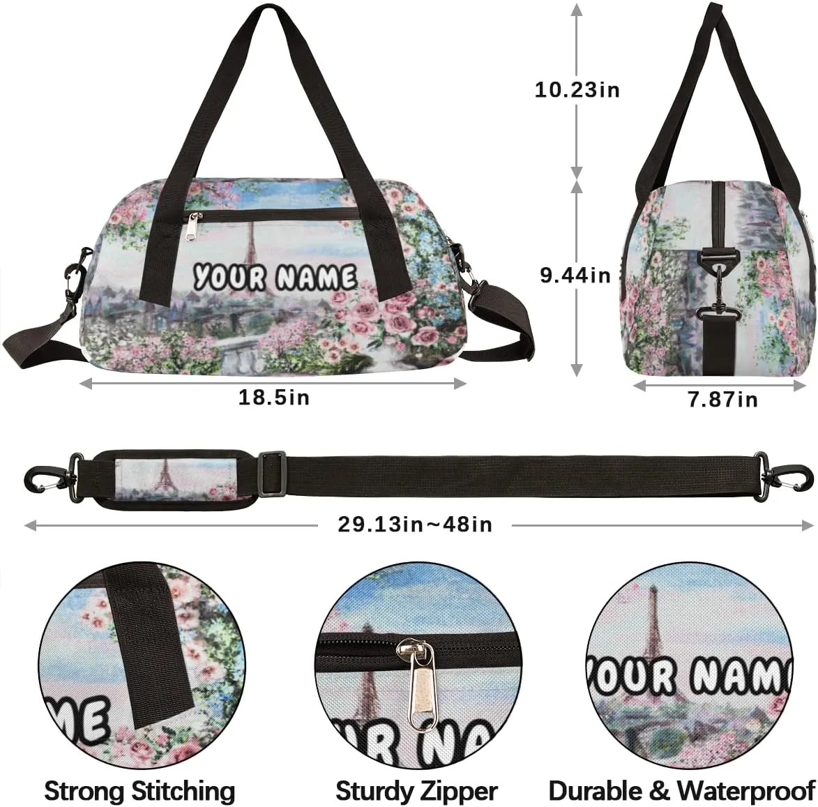 Paris Eiffel Tower Flower Personalized Kids Duffel Bag for Girls, Tower Debris Custom Name Dance Bag Overnight Small Duffel Bag Carry On Weekend Travel Bag for School Practice Gymnastics Ballet