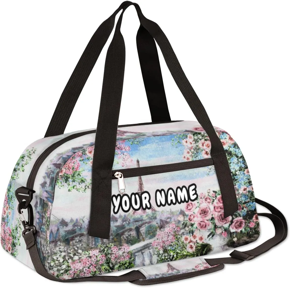 Paris Eiffel Tower Flower Personalized Kids Duffel Bag for Girls, Tower Debris Custom Name Dance Bag Overnight Small Duffel Bag Carry On Weekend Travel Bag for School Practice Gymnastics Ballet