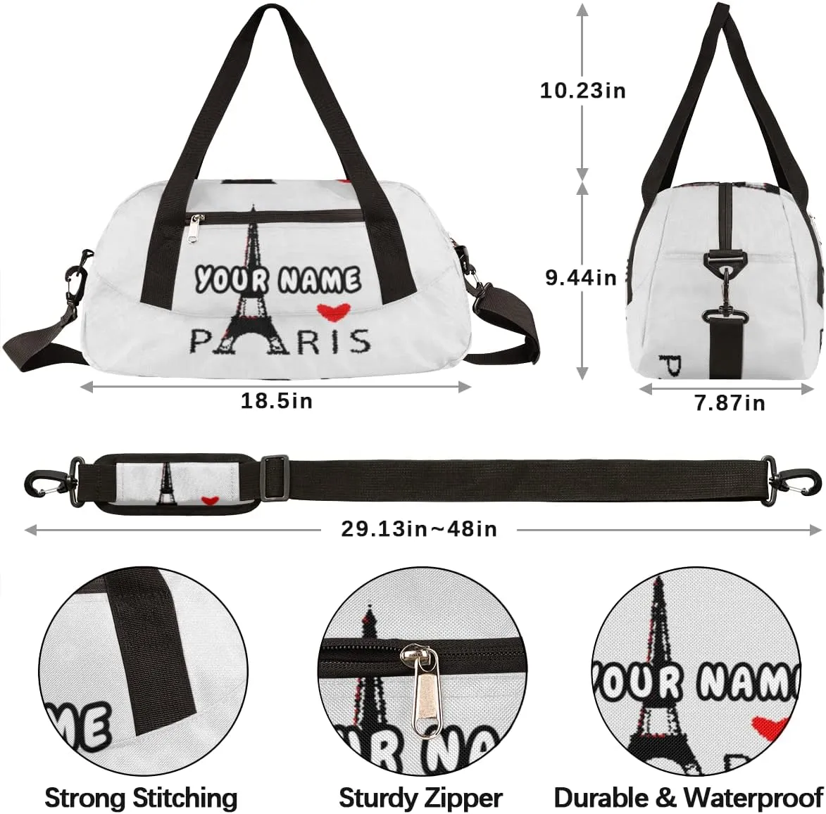 Paris Eiffel Tower Personalized Kids Duffel Bag for Girls Boys, Tower Debris Custom Name Dance Bag Overnight Small Duffel Bag Carry On Weekend Sports Travel Bag for School Practice Gymnastics Ballet